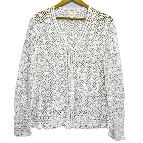 Y2K Crochet Button Up Knit Top Cardigan Size SP White Boho Fairy Hippie Cottage - Picture 1 of 7